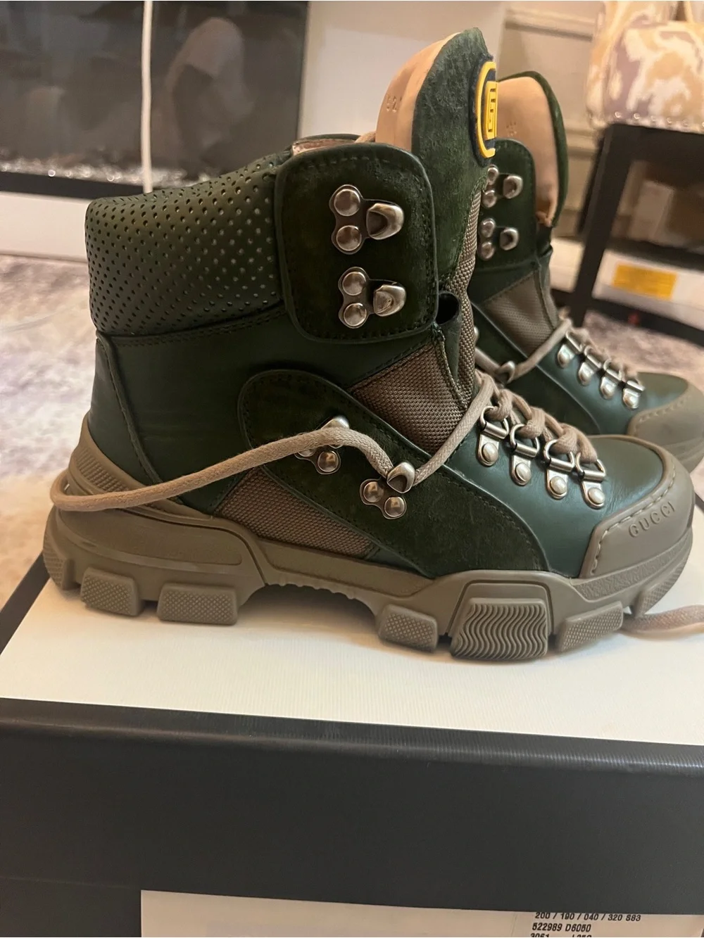 Gucci Men's Dark Green and Olive Hiking Boots with Yellow Logo